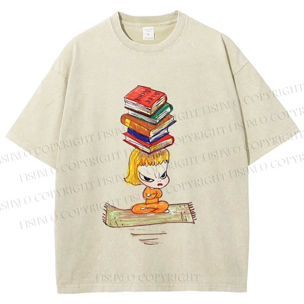 Unisex Yoshitomo Nara Got Books on Head Printed Washed Tee