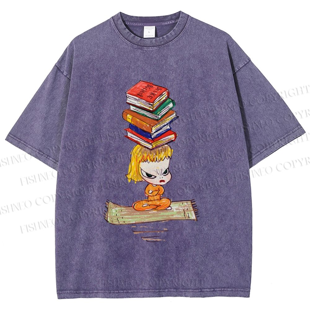 Unisex Yoshitomo Nara Got Books on Head Printed Washed Tee