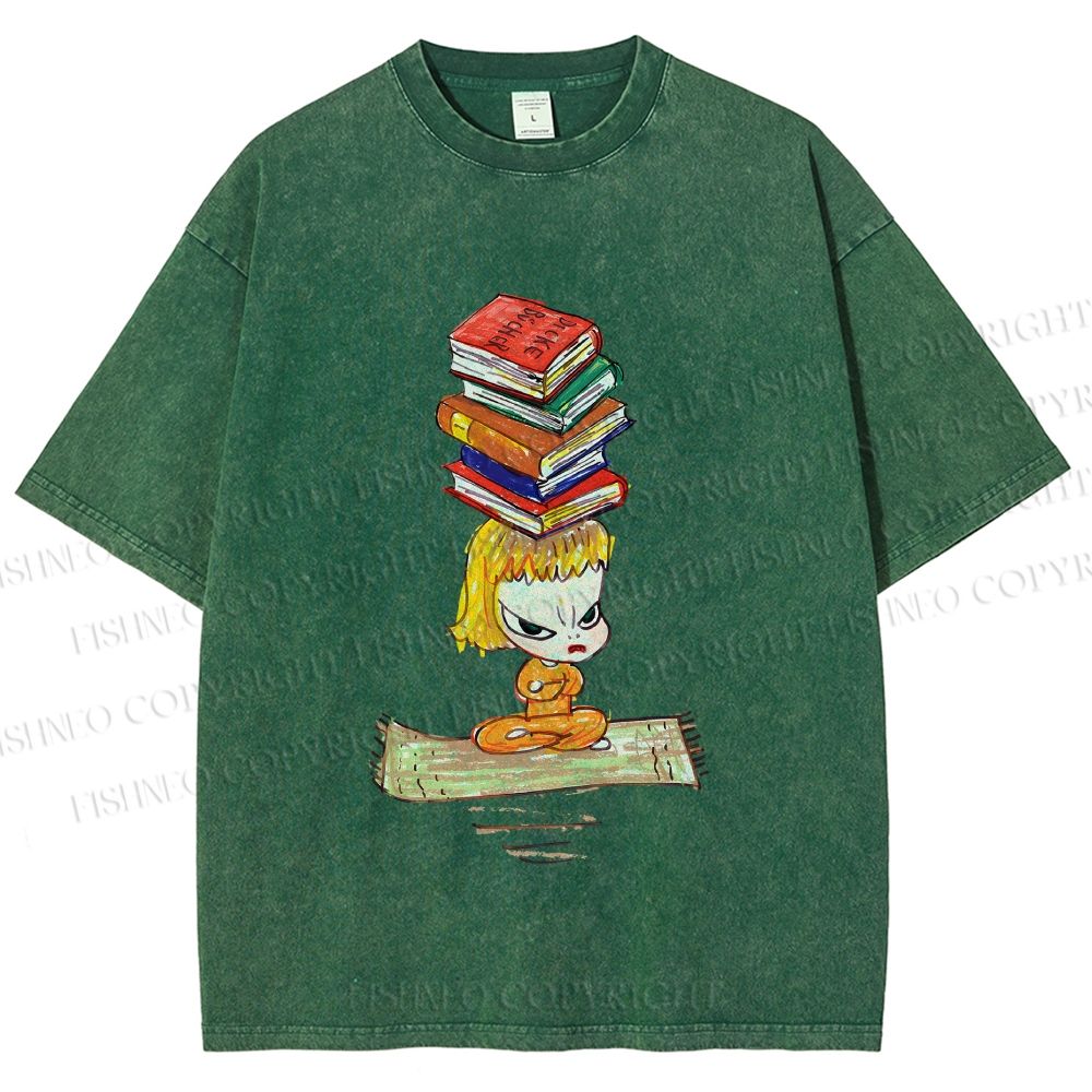 Unisex Yoshitomo Nara Got Books on Head Printed Washed Tee