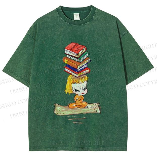 Unisex Yoshitomo Nara Got Books on Head Printed Washed Tee