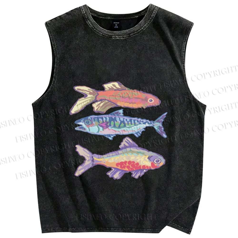 Unisex Pastel Fish Trio Printed Washed Tank Top