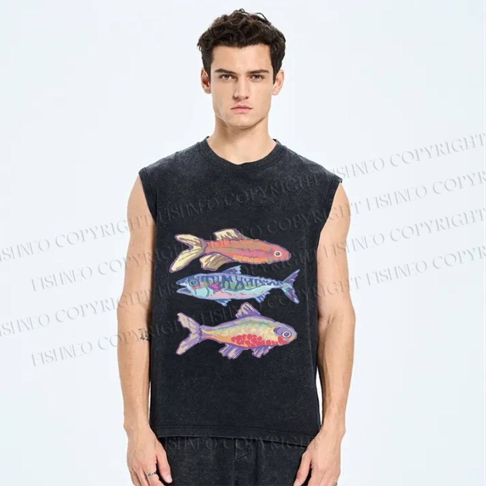 Unisex Pastel Fish Trio Printed Washed Tank Top