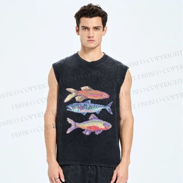 Unisex Pastel Fish Trio Printed Washed Tank Top