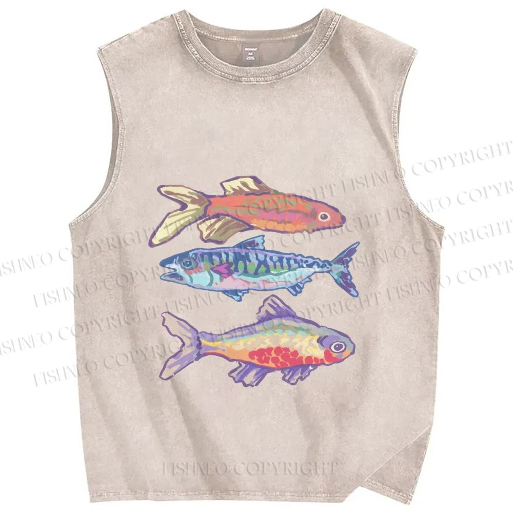 Unisex Pastel Fish Trio Printed Washed Tank Top