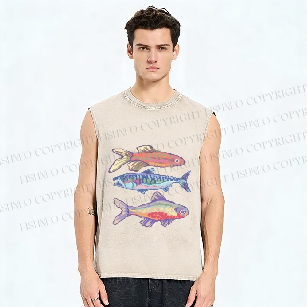 Unisex Pastel Fish Trio Printed Washed Tank Top