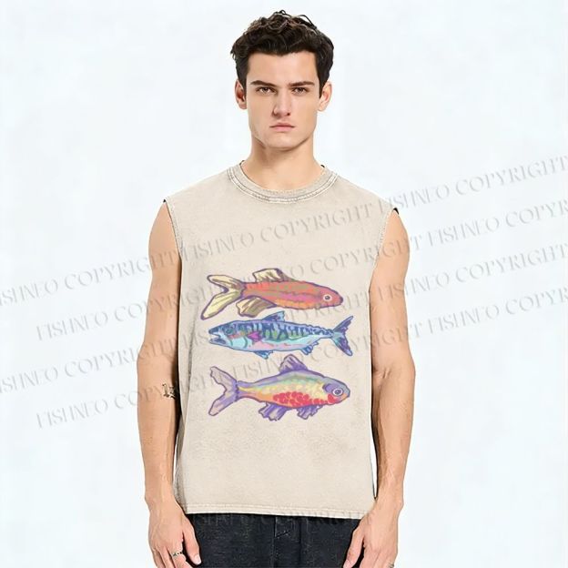 Unisex Pastel Fish Trio Printed Washed Tank Top