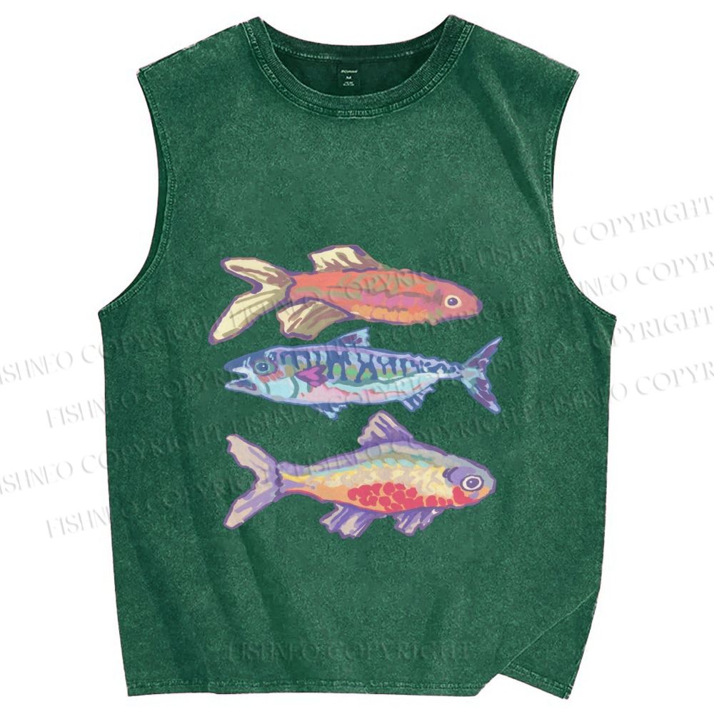 Unisex Pastel Fish Trio Printed Washed Tank Top