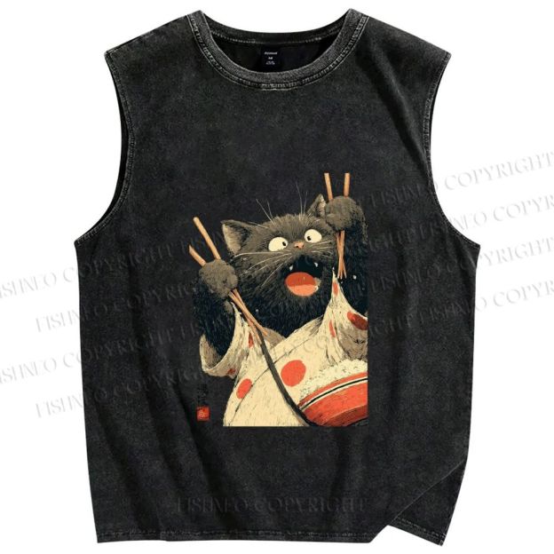 Unisex Ukiyo-e Chopstick Cat Printed Washed Tank Top