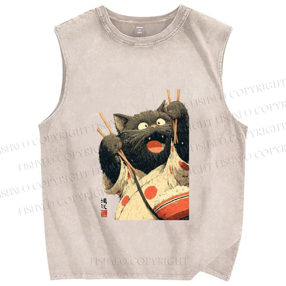 Unisex Ukiyo-e Chopstick Cat Printed Washed Tank Top
