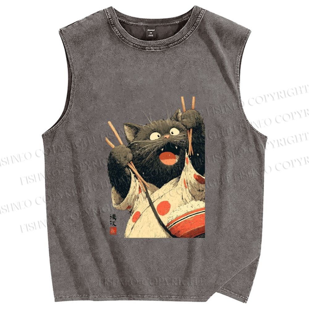Unisex Ukiyo-e Chopstick Cat Printed Washed Tank Top