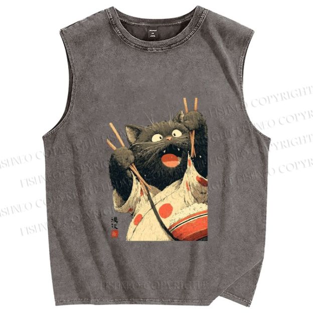 Unisex Ukiyo-e Chopstick Cat Printed Washed Tank Top
