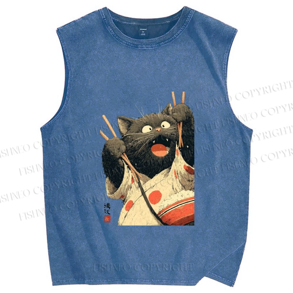 Unisex Ukiyo-e Chopstick Cat Printed Washed Tank Top