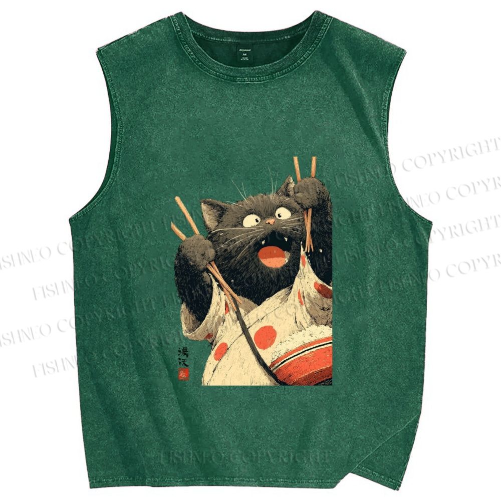 Unisex Ukiyo-e Chopstick Cat Printed Washed Tank Top