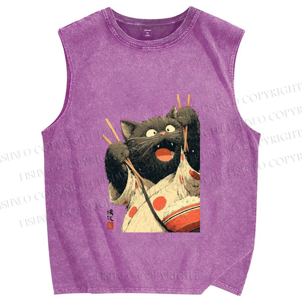Unisex Ukiyo-e Chopstick Cat Printed Washed Tank Top