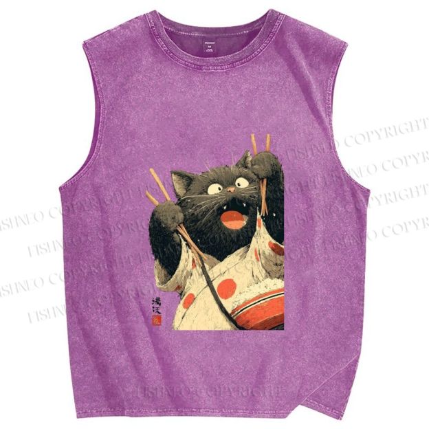 Unisex Ukiyo-e Chopstick Cat Printed Washed Tank Top