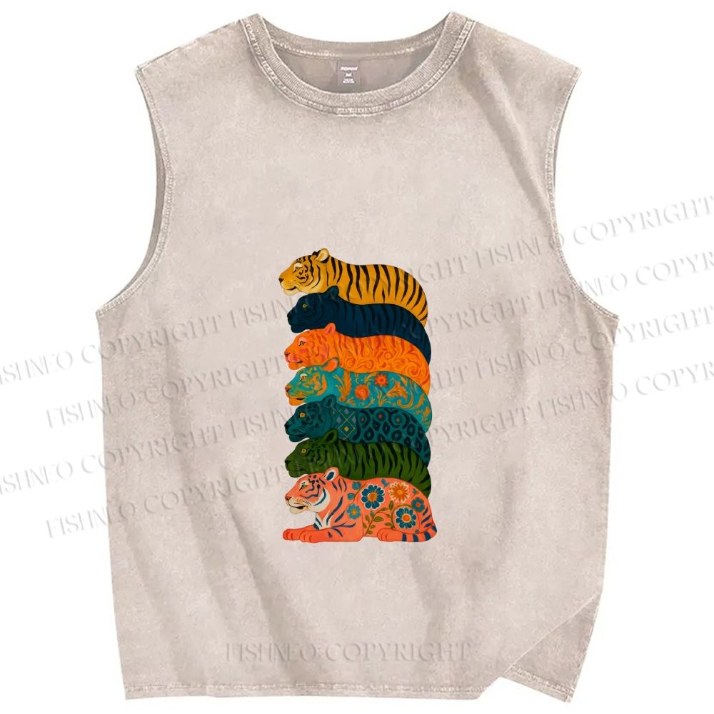 Unisex Floral Tiger Stack Printed Washed Tank Top