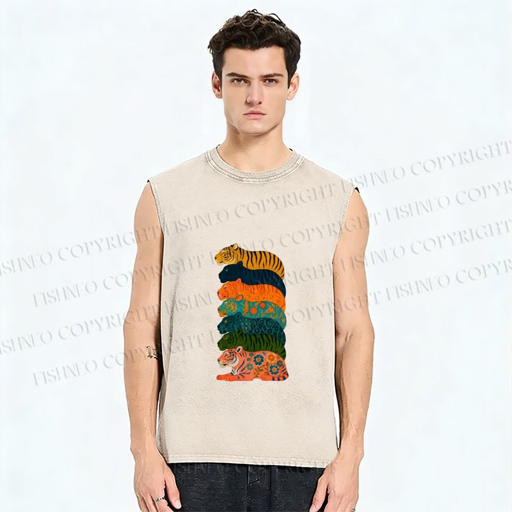 Unisex Floral Tiger Stack Printed Washed Tank Top