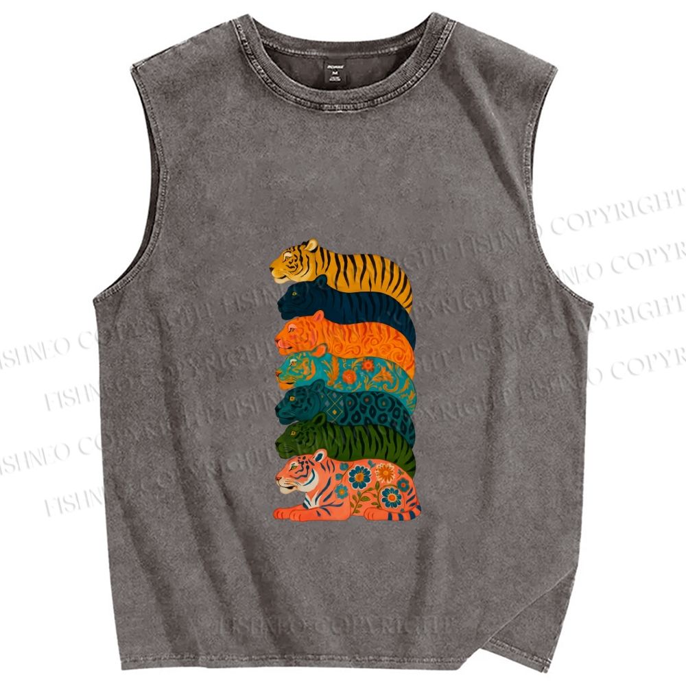 Unisex Floral Tiger Stack Printed Washed Tank Top