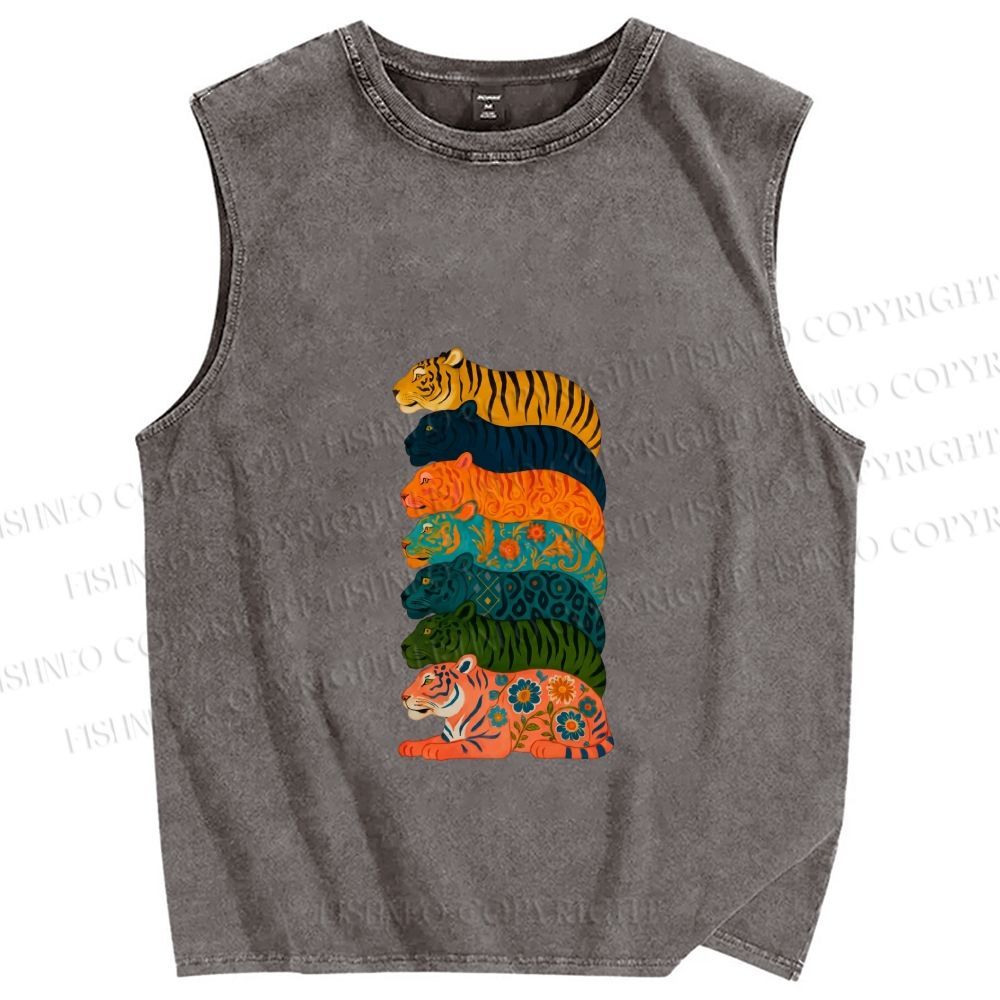 Unisex Floral Tiger Stack Printed Washed Tank Top