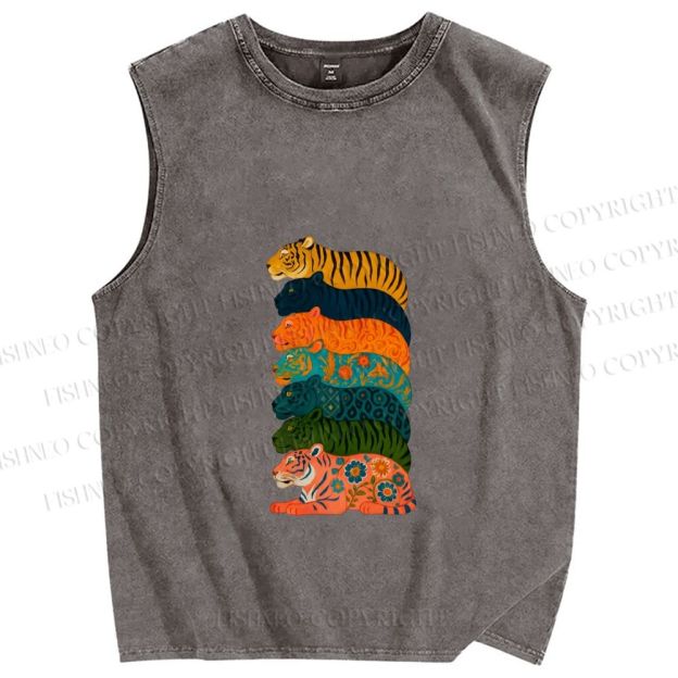 Unisex Floral Tiger Stack Printed Washed Tank Top