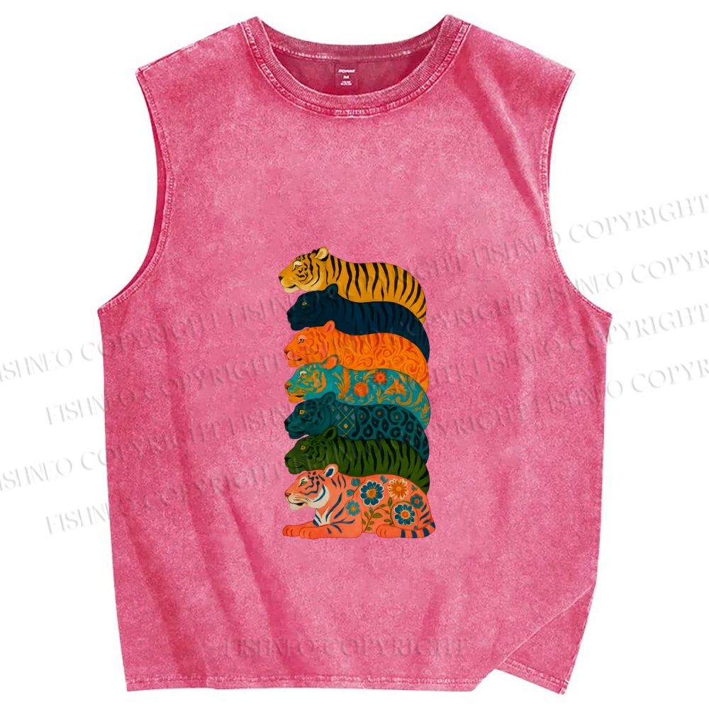 Unisex Floral Tiger Stack Printed Washed Tank Top
