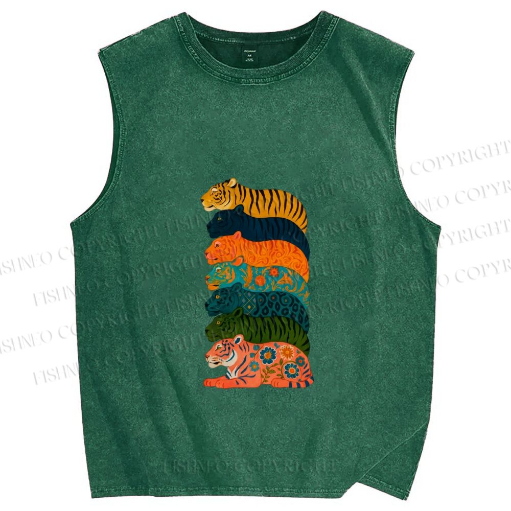 Unisex Floral Tiger Stack Printed Washed Tank Top