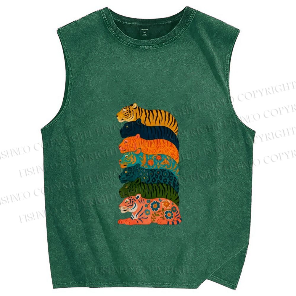 Unisex Floral Tiger Stack Printed Washed Tank Top