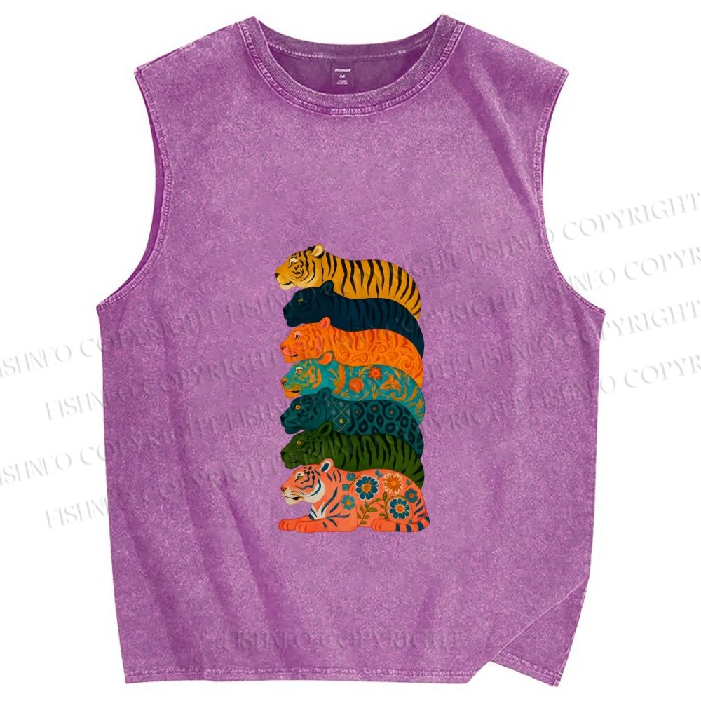 Unisex Floral Tiger Stack Printed Washed Tank Top