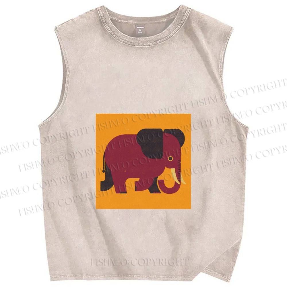 Unisex Retro Blockprint Elephant Printed Washed Tank Top