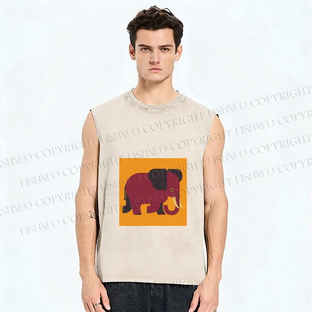 Unisex Retro Blockprint Elephant Printed Washed Tank Top