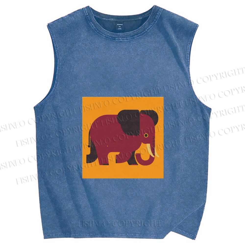 Unisex Retro Blockprint Elephant Printed Washed Tank Top