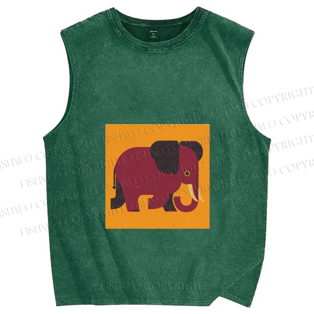 Unisex Retro Blockprint Elephant Printed Washed Tank Top