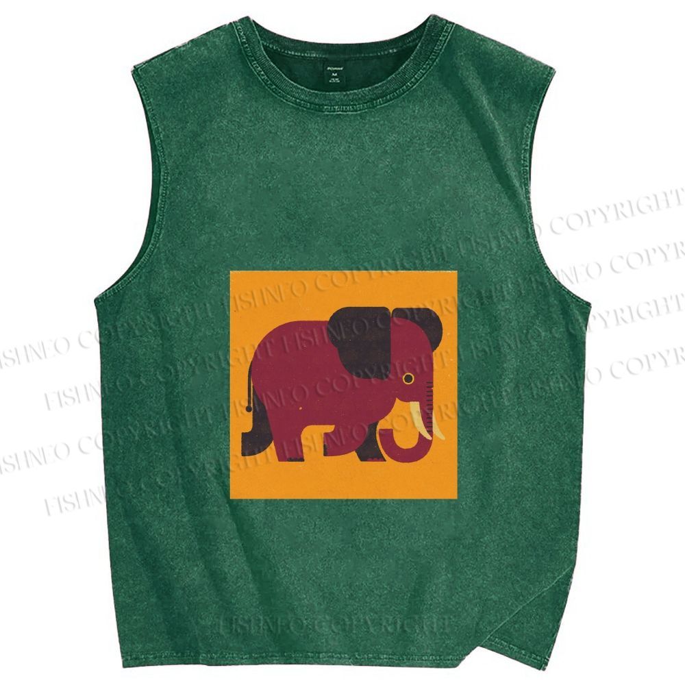 Unisex Retro Blockprint Elephant Printed Washed Tank Top