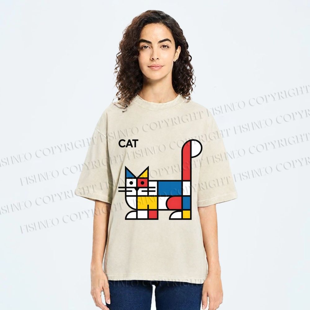Unisex Bauhaus Cat Printed Washed Tee