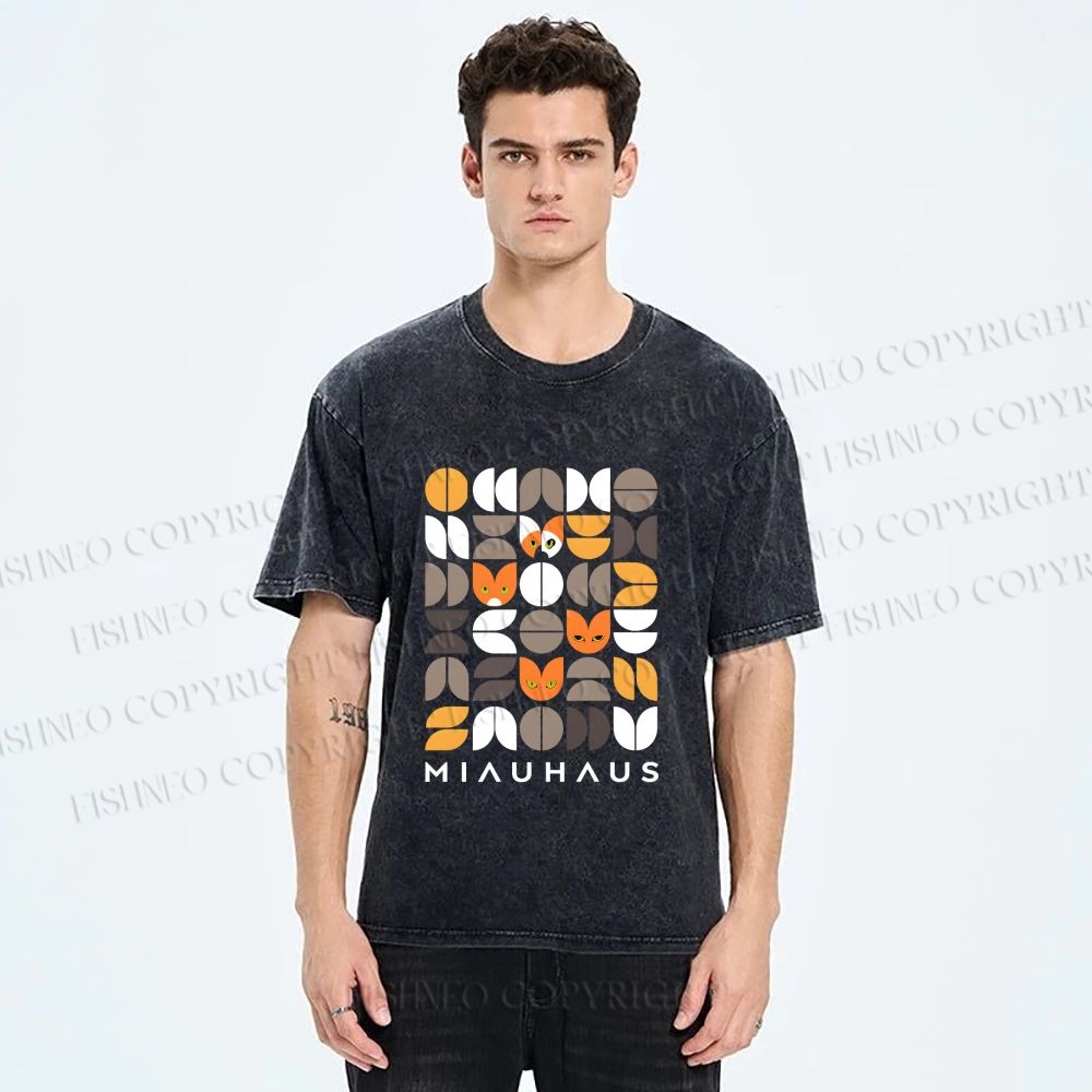 Unisex Bauhaus Cat Printed Washed Tee