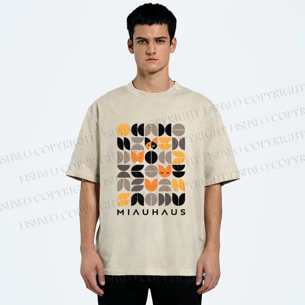 Unisex Bauhaus Cat Printed Washed Tee