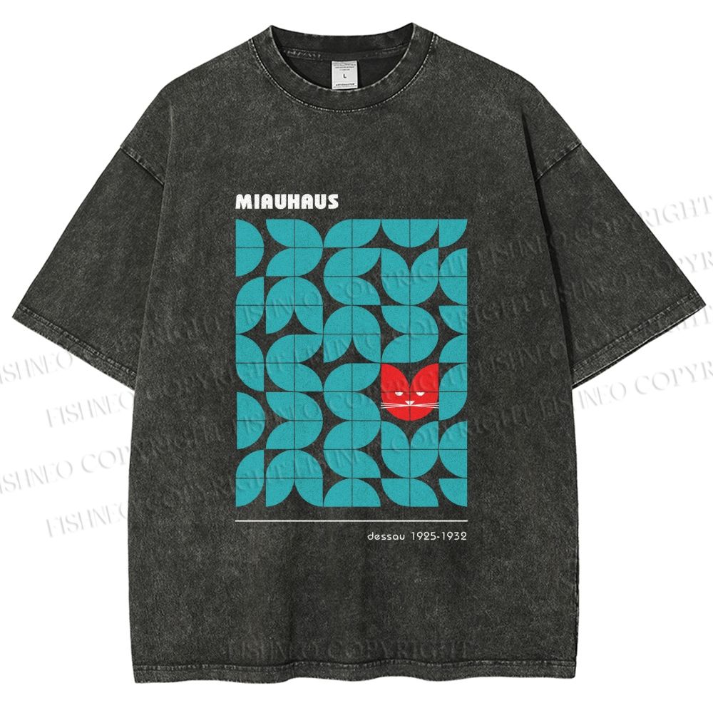 Unisex Bauhaus Cat Printed Washed Tee
