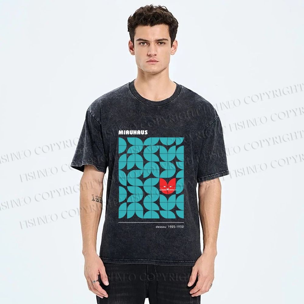 Unisex Bauhaus Cat Printed Washed Tee