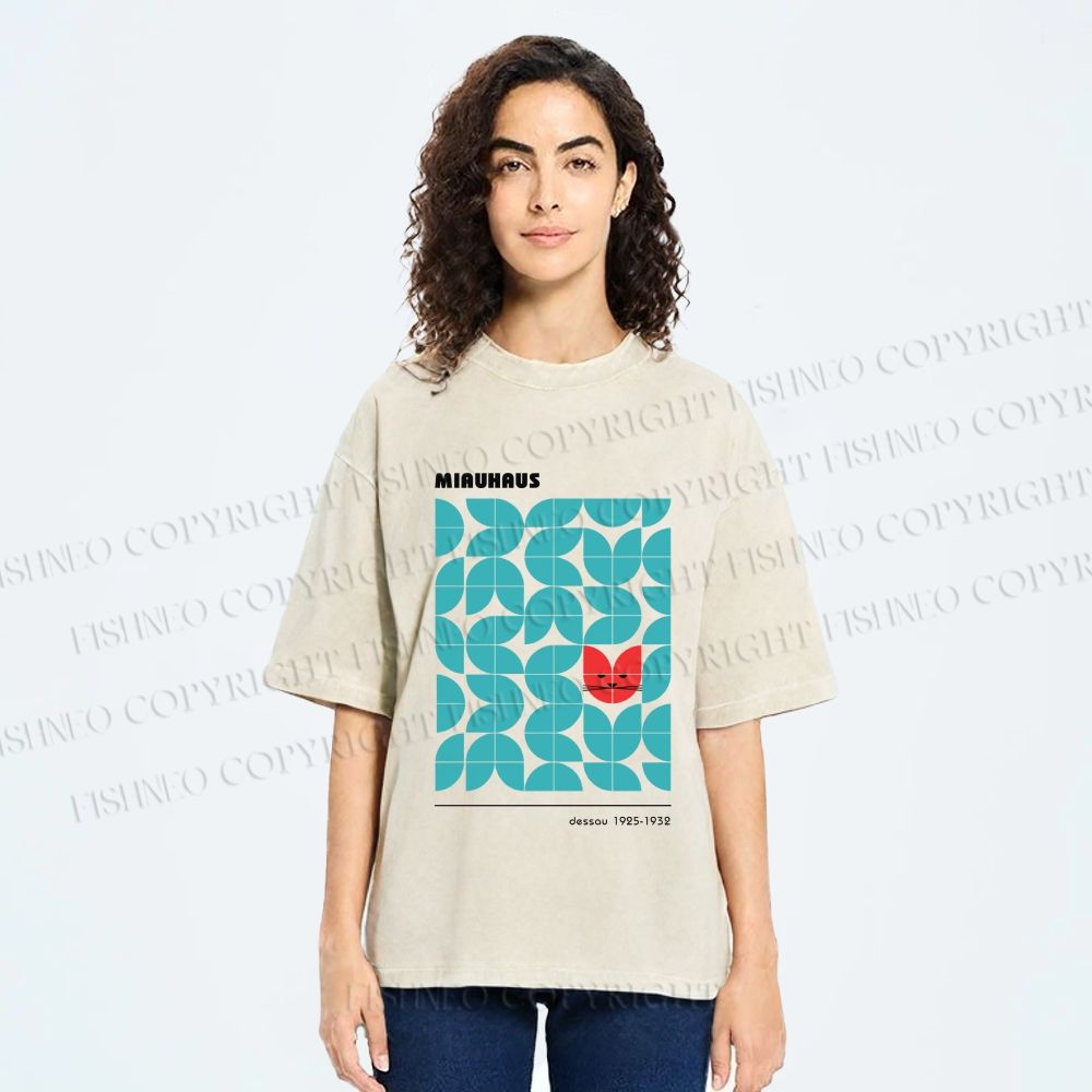Unisex Bauhaus Cat Printed Washed Tee