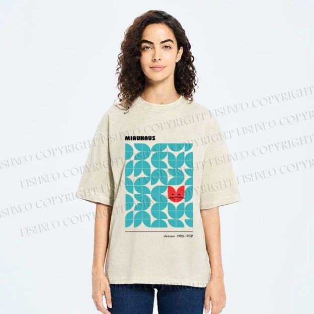 Unisex Bauhaus Cat Printed Washed Tee