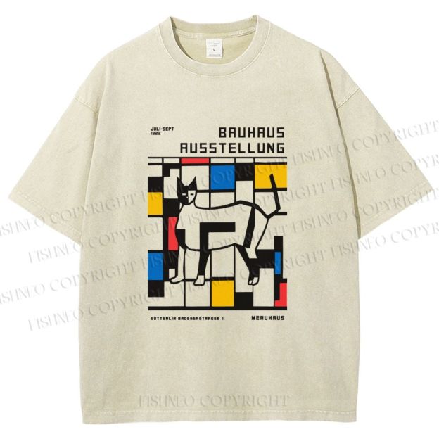 Unisex Bauhaus Cat Printed Washed Tee