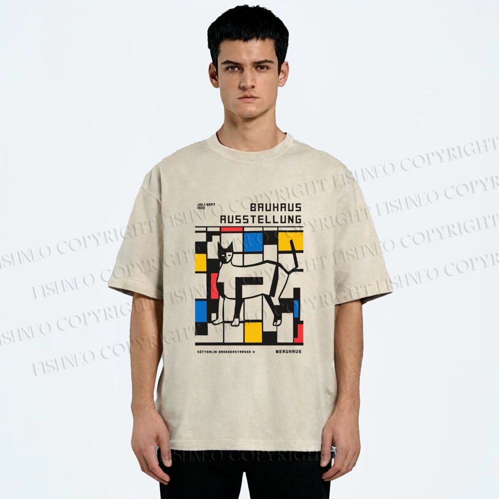 Unisex Bauhaus Cat Printed Washed Tee