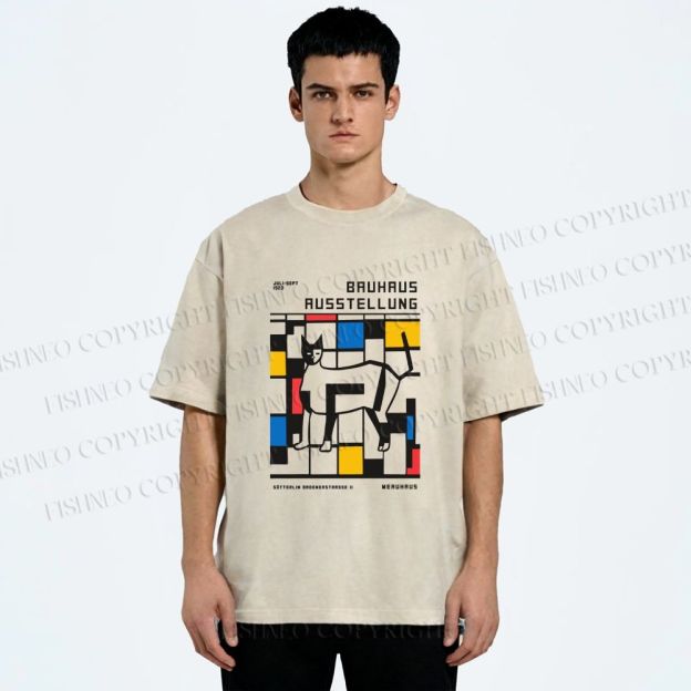 Unisex Bauhaus Cat Printed Washed Tee