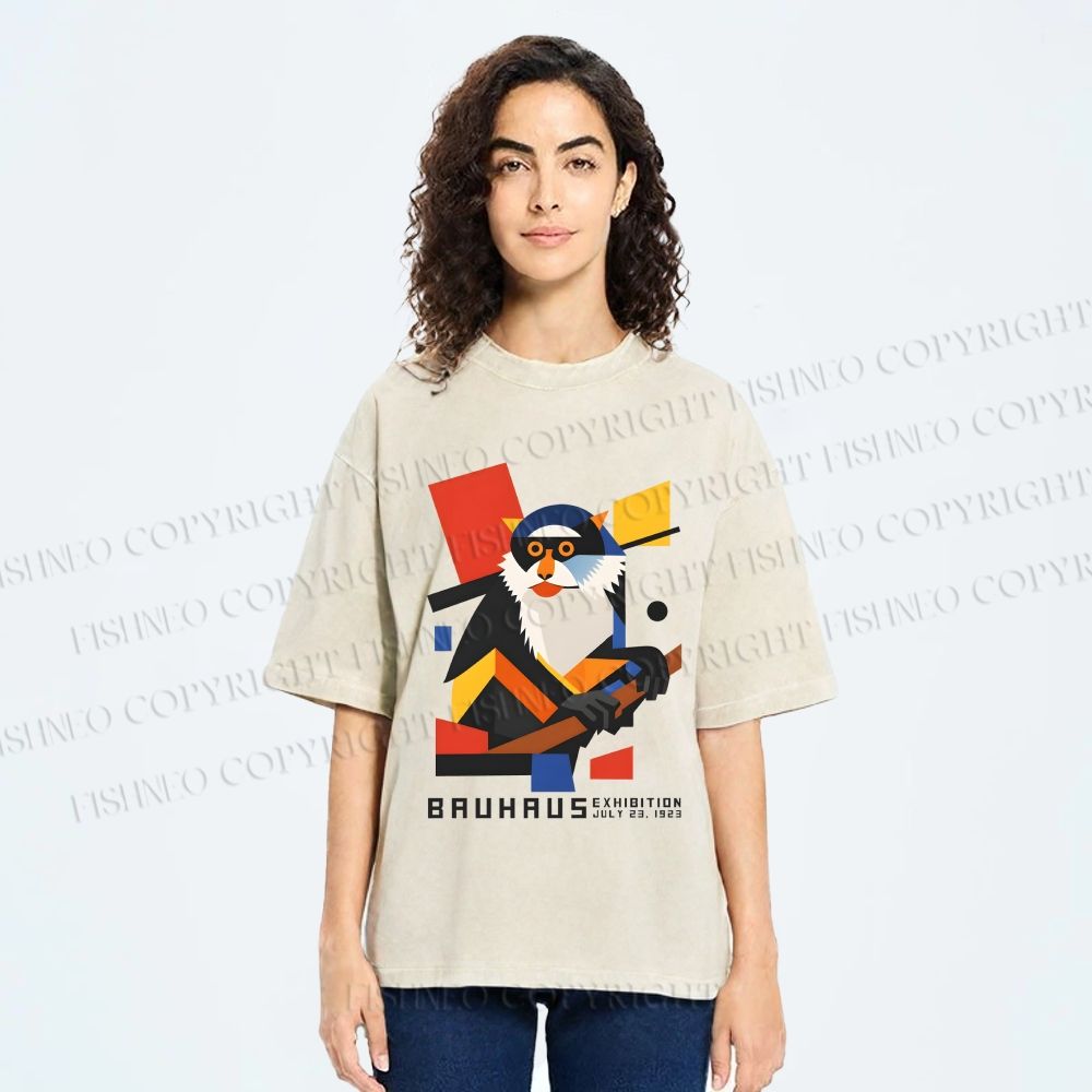 Unisex Bauhaus Design Monkey Printed Washed Tee