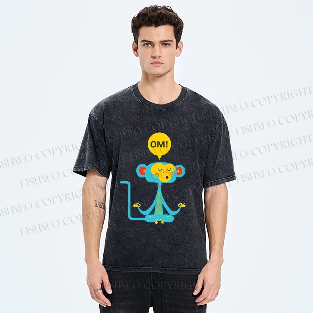 Unisex Blue Monkey Meditating meditating Printed Washed Tee