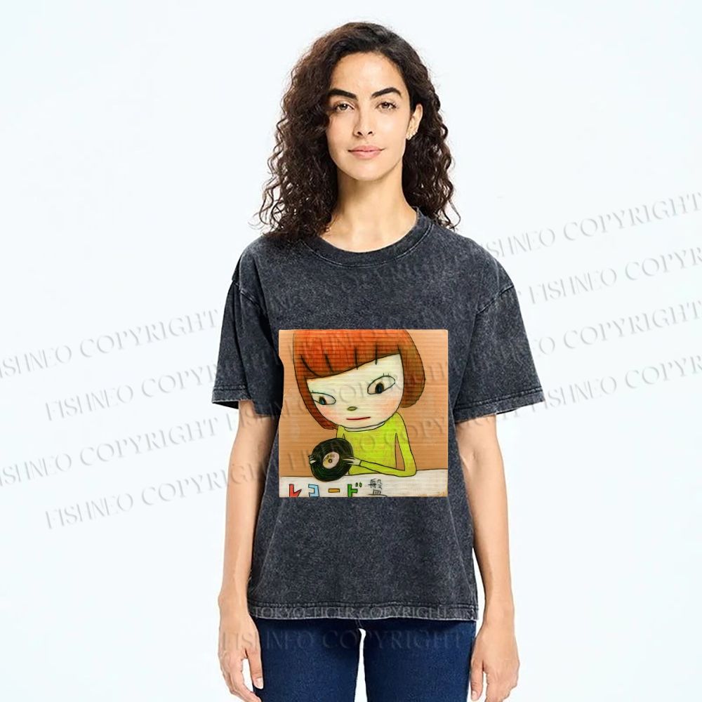 Unisex Yoshitomo Nara Holding Vinyl Record Printed Washed Tee