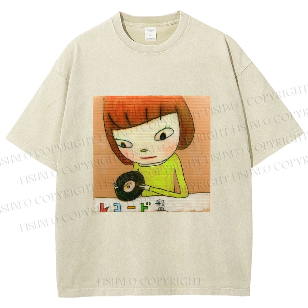Unisex Yoshitomo Nara Holding Vinyl Record Printed Washed Tee