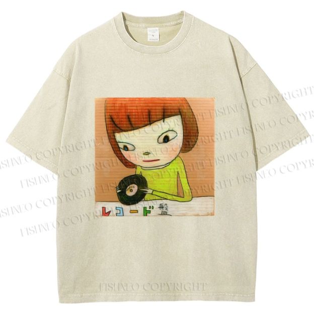 Unisex Yoshitomo Nara Holding Vinyl Record Printed Washed Tee