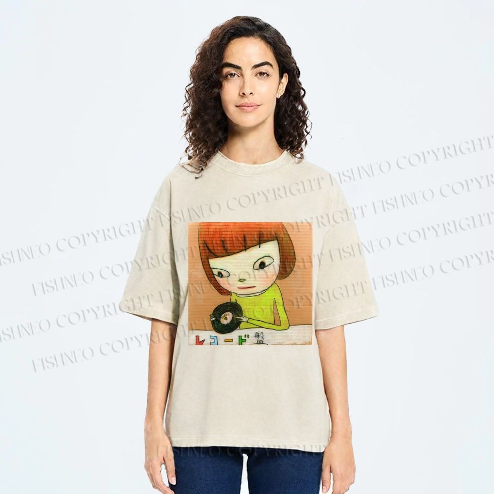Unisex Yoshitomo Nara Holding Vinyl Record Printed Washed Tee