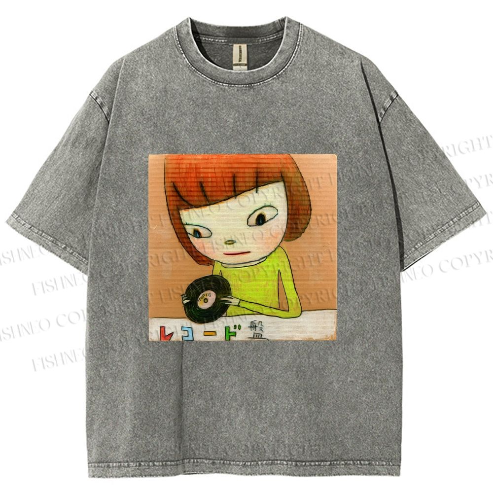 Unisex Yoshitomo Nara Holding Vinyl Record Printed Washed Tee